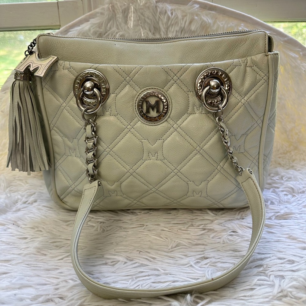 Metrocity Italy Light Blue Quilted Leather Silver Chain Shoulder Bag Tote